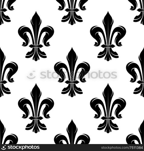 Black vintage fleur-de-lis seamless pattern on white background with floral ornament of french royal heraldry. Use as medieval interior accessories or wallpaper design. Black vintage fleur-de-lis seamless floral pattern