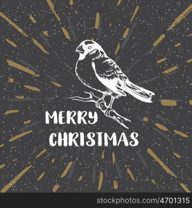 Black vintage vector Christmas background with bullfinch. Design for Christmas card.