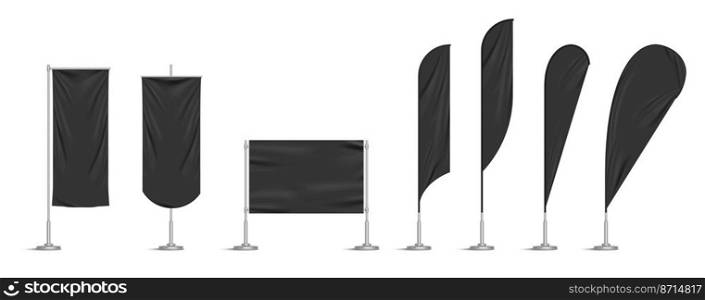 Black vinyl flags and set banners on metallic pole. Vector realistic template of fabric promotion posters, advertising striped canvas pennants hanging on metal frame and stand. Black vinyl flags and set banners on pole