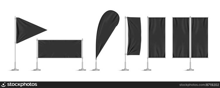 Black vinyl flags and set banners on metallic pole. Vector realistic template of fabric promotion posters, advertising striped canvas pennants hanging on metal frame and stand. Black vinyl flags and set banners on pole