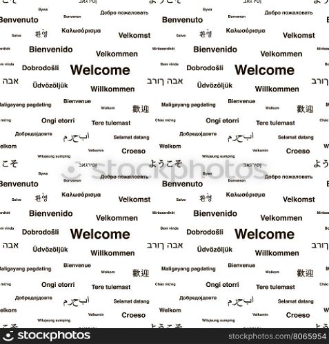 Black welcome phrases in different languages of the world on white, seamless pattern