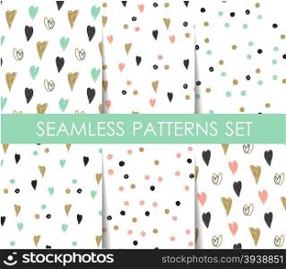Black, white and gold hearts and dots seamless patterns set. Vector geometrical patterns. Design for paper, wallpaper, textile, fabric, and other progects.