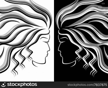 Black, white and grey silhouettes of female heads on white and black background, hand drawing vector illustration