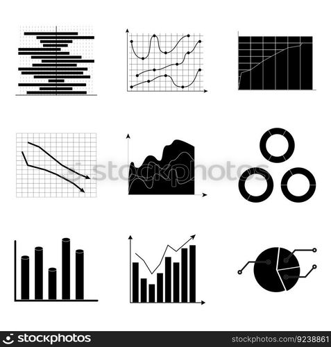 Black white charts set for economy and analytics, vector illustration. Black white charts set