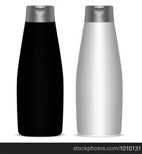 Black White Cosmetic Bottles Set. Oval Container Design for beauty Product. Liquid Soap, Bath Wash, Shampoo, Skin or Hair Product Merchandise Container. Realistic 3d Vector Mockup.. Black White Cosmetic Bottles Set. Vector Mockup