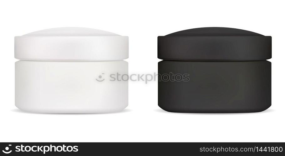 Black white cream jar mockup. Cosmetic lotion container template. Realistic round ointment package for your label and logo. Skin care scrub canister. Realistic round can for beauty product. Black white cream jar mockup. Cosmetic container
