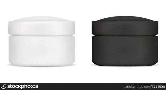 Black white cream jar mockup. Cosmetic lotion container template. Realistic round ointment package for your label and logo. Skin care scrub canister. Realistic round can for beauty product. Black white cream jar mockup. Cosmetic container
