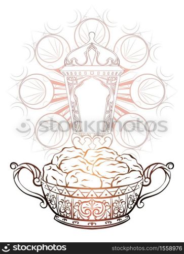 Black white engraving illustration of dates in a luxurious vase, lantern and mandala. Festive treat for Ramadan kareem. Vector hatching element for menu, invitation and your creative network.. Black white engraving illustration of dates in a luxurious vase, lantern and mandala. Festive treat for Ramadan kareem. Vector hatching element
