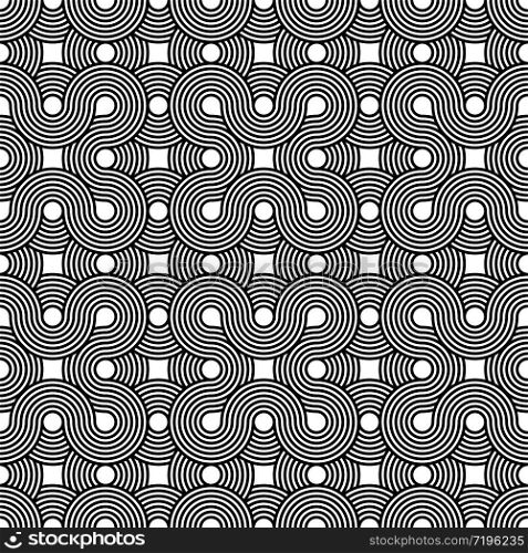 Black, white geometric circle linear impossible background seamless pattern. Modern vector illustration for greeting card, cover, flyer, wallpaper. Abstract texture ornament design, repeating tile