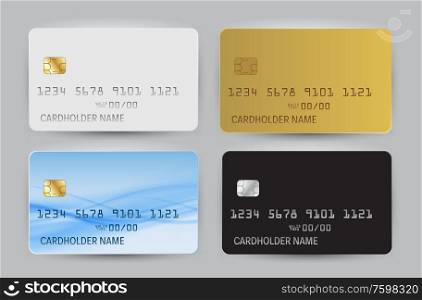 Black, White, Gold and Blue Wave Bank Card blank model template top view with shadow isolated on transparent backgroundcollection set. Vector Illustration EPS10. Black, White, Gold and Blue Wave Bank Card blank model template top view with shadow isolated on transparent backgroundcollection set. Vector Illustration