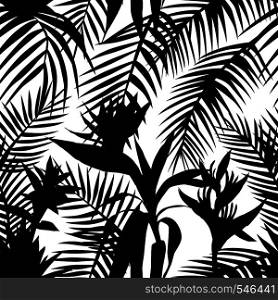 Black white silhouette vector floral pattern seamless tropical jungle. Exotic composition from leaves and flowers