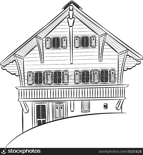 Black-white vector illustration of a traditional Swiss village house. Switzerland. Lungern.. Vector. Traditional swiss wooden house.