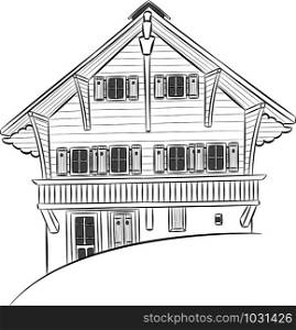 Black-white vector illustration of a traditional Swiss village house. Switzerland. Lungern.. Vector. Traditional swiss wooden house.