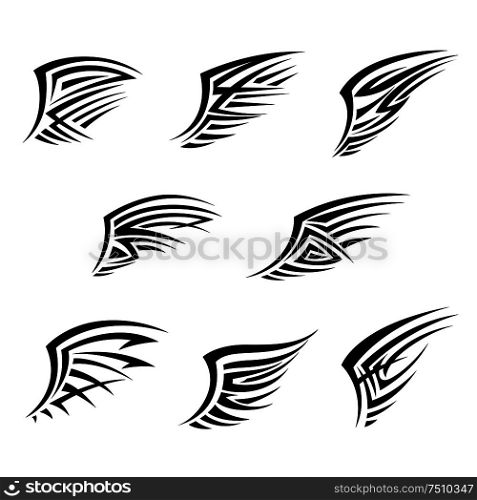 Black wings in tribal tattoo style. Abstract outspread wings of birds or angels with intricate ornament. For tattoo or religious design usage. Black wings in tribal tattoo style