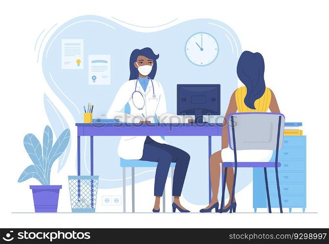 Black woman Doctor in face mask conculting patient black girl. Medcine, pandemic, lockdown therapy, health care, hospital workspace concept. Stock vector illustration in flat style isolated on white.. Black woman Doctor in face mask conculting black girl patient. Medcine, pandemic, lockdown therapy, health care, hospital workspace concept. Stock vector illustration in flat style isolated on white