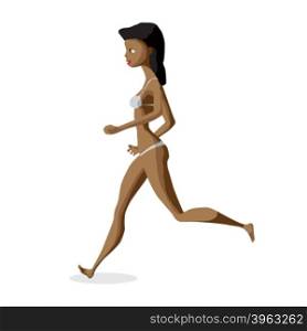 Black woman dressed in white swimsuit is running. Isolated flat design illustration. The comic afro brunette on the beach in white bikini is jogging