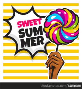 Black woman hand hold lollipop pop art. Summer food poster vintage colored comic text baloon. White speech bubble.. Black woman hand hold cone ice cream pop art