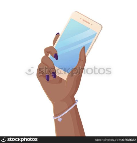 black woman hand holding a mobile phone isolated on white background. Digital Devices and Technology concept. Stock vector illustration in realistic cartoon style.. black woman hand holding a mobile phone isolated on white background. Digital Devices and Technology concept.