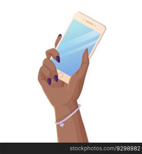 black woman hand holding a mobile phone isolated on white background. Digital Devices and Technology concept. Stock vector illustration in realistic cartoon style.. black woman hand holding a mobile phone isolated on white background. Digital Devices and Technology concept.
