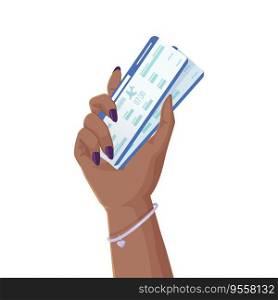 Black woman hand holding two airplane tickets. International vacation, fly travel, world journey concept. Illustration in realistic cartoon style.. Black woman hand holding two airplane tickets. Vacation, fly travel, world journey concept. Illustration in realistic cartoon style