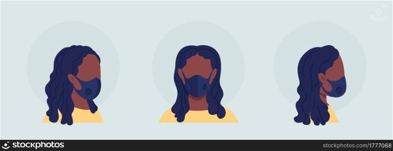 Black woman semi flat color vector character avatar with mask set. Portrait with respirator from front and side view. Isolated modern cartoon style illustration for graphic design and animation pack. Black woman semi flat color vector character avatar with mask set