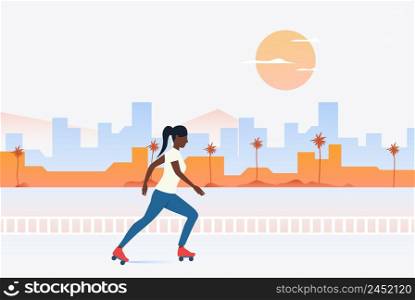 Black woman skating in park with distant buildings in background. Lifestyle, activity, leisure concept. Vector illustration can be used for topics like summer, holiday, sport. Black woman skating in park with distant buildings in background