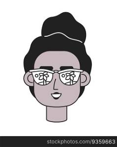 Black woman sunglasses smiling with afro monochrome flat linear character head. Summer girl. Editable outline hand drawn human face icon. 2D cartoon spot vector avatar illustration for animation. Black woman sunglasses smiling with afro monochrome flat linear character head