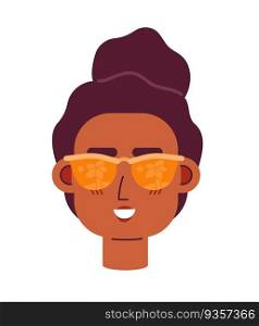 Black woman sunglasses smiling with afro semi flat vector character head. Summer girl. Editable cartoon avatar icon. Face emotion. Colorful spot illustration for web graphic design, animation. Black woman sunglasses smiling with afro semi flat vector character head