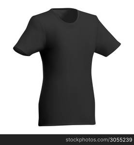 Black woman t shirt. V neck female sport casual short sleeve wear mockup. Outfit 3d design isolated on white background. Realistic textile clothes model illustration. Lady cotton uniform t-shirt. Black woman t shirt. V neck female sport casual