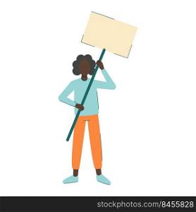 Black woman with banner protests. Upholding female rights concept. Young girl activist with placard isolated. Flat cartoon vector illustration. Black woman with banner protests