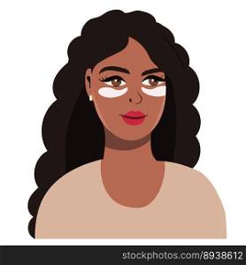 Black woman with patches on her eyes. Treatment of wrinkles, pimples, bags under the eyes. Spa treatments at home. vector illustration. Black woman with patches on her eyes. Treatment of wrinkles, pimples, bags under the eyes. Spa treatments at home. vector illustration.
