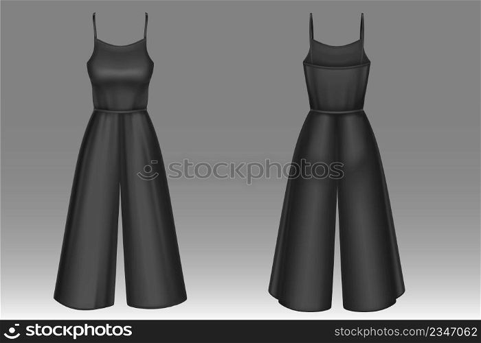 Black women jumpsuit in front and back view. Vector realistic 3d mockup of blank female overalls with pants and sleeveless top. Summer girls clothes or nightwear isolated on background. Woman black jumpsuit with pants mockup