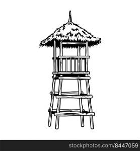 Black wooden lifeguard tower vector illustration. Vintage promotional sign for concert or music festival. Hawaii and tropical vacation concept can be used for retro template, banner or poster