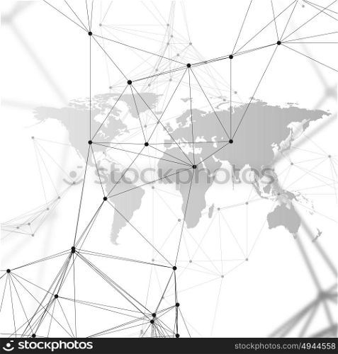 Black world map with chemistry pattern, connecting lines and dots. Molecule structure on white. Scientific medical DNA research. Science or technology concept. Geometric design abstract background.. Black world map with chemistry pattern, connecting lines and dots. Molecule structure on white. Scientific medical DNA research. Science or technology concept. Geometric design abstract background