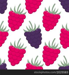 Blackberries and raspberries seamless pattern. Background with summer bright juicy berries. Template for packaging, paper, fabric and design, vector. Blackberries and raspberries seamless pattern