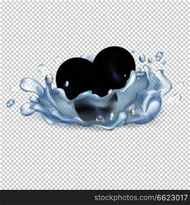 Blackberries or black currant in drops of clean water with big splash isolated realistic vector illustration on transparent background.. Blackberries or Blackcurrant in Clean Water Drops