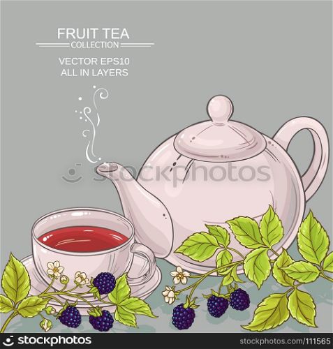 blackberry tea vector background. cup of blackberry tea and teapot on color background