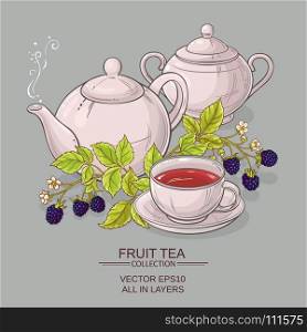 blackberry tea vector illustration. cup of blackberry tea and teapot on color background