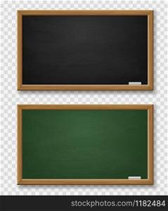 Blackboard. Realistic green and black chalkboard with wooden frame and chalk, blackboards template for school classroom or restaurant 3d vector set. Blackboard. Realistic green and black chalkboard with wooden frame and chalk, blackboards template for school or restaurant 3d vector set