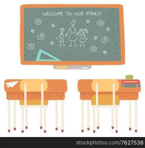 Blackboard with drawing vector, classroom interior, wooden desks with books and school supply. Furniture and items for education. Table and chair. Back to school concept. Flat cartoon. Welcome to School, Blackboard with Desk Classroom