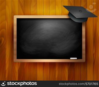 Blackboard with graduation cap. Vector.