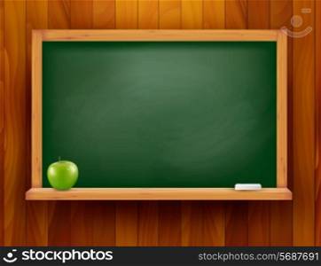 Blackboard with green apple on wooden background. Vector illustration.