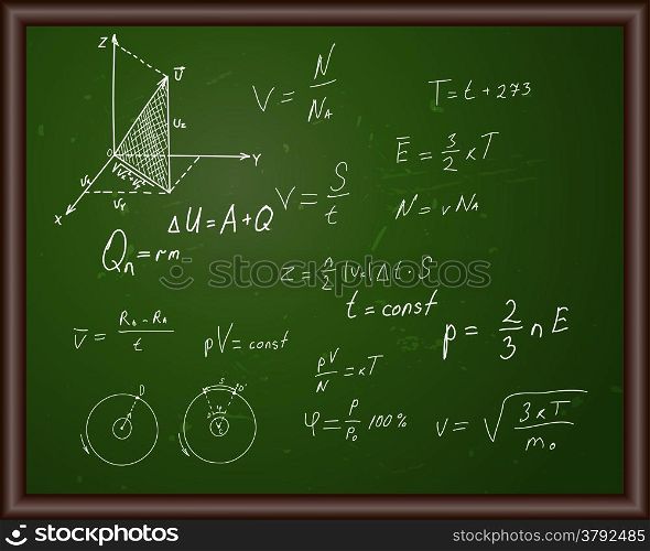 Blackboard with physical formulas. Eps 10 vector illustration with transparency.