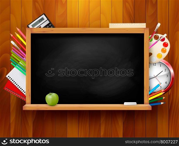 Blackboard with school supplies on wooden background. Vector illustration.