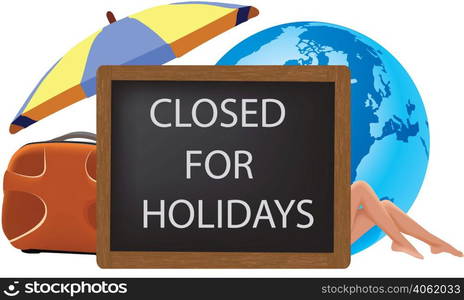 blackboard with written closed for beach holidays umbrella. blackboard with written closed for beach holidays umbrella-