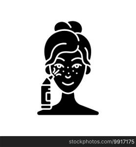 Blackhead remover black glyph icon. Pore retexturizing. Treating blackheads and whiteheads. Removing dead skin cells and oil. Silhouette symbol on white space. Vector isolated illustration. Blackhead remover black glyph icon