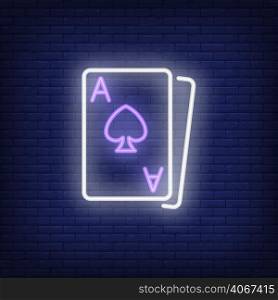 Blackjack cards neon sign element. Gambling concept for night bright advertisement. Vector illustration in neon style for online casino, playing, poker club