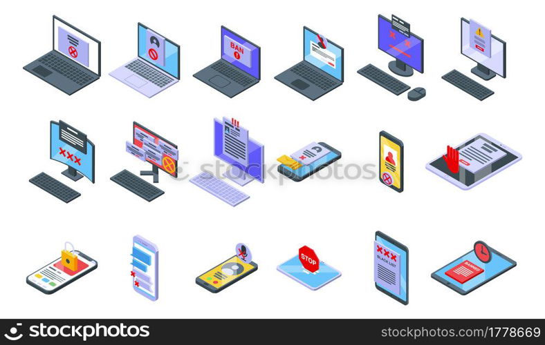 Blacklist icons set isometric vector. Account person blacklist. Avatar cancel block. Blacklist icons set isometric vector. Account person blacklist