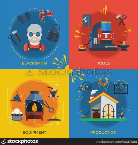 Blacksmith 2x2 Design Concept . Blacksmith 2x2 design concept set of tools for welding and molding smithy equipment and production flat vector illustration