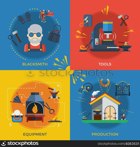 Blacksmith 2x2 design concept set of tools for welding and molding smithy equipment and production flat vector illustration. Blacksmith 2x2 Design Concept